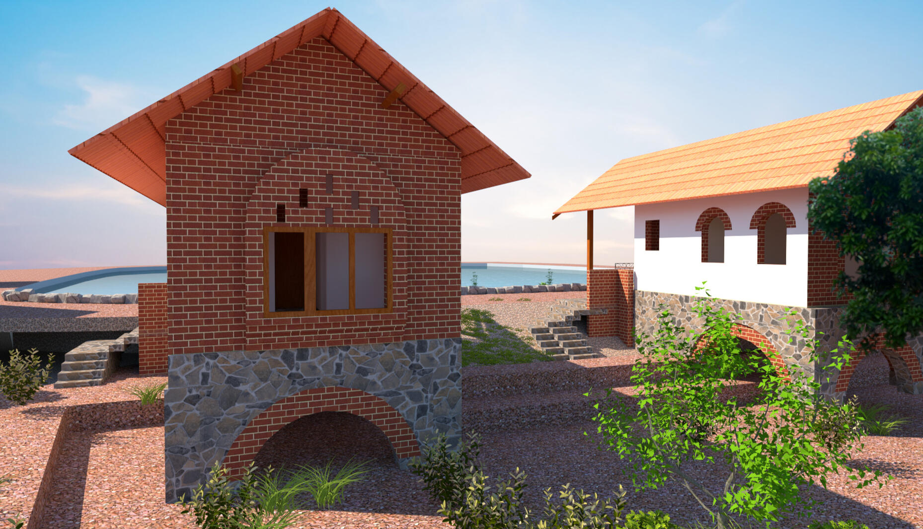 The single cottages features random rubble foundation and plinth with exposed brickwork walls. The roof structure in solid wood finished with clay tiles ties the design.